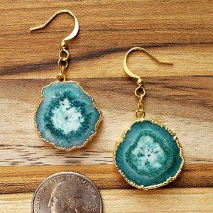 Emerald Green & White Solar Quartz Electroform Earrings w/ Gold Plate Ear Wires